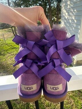 UGG Purple Suede Shearling Boots with Ribbon Bows